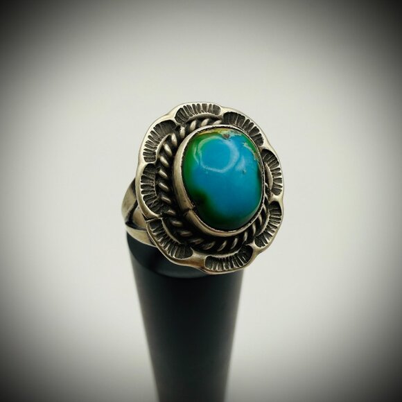 Navajo Sterling Turquoise Ring — Freda Martinez “F” Hallmark, Size 7.5 - Picture 1 of 6